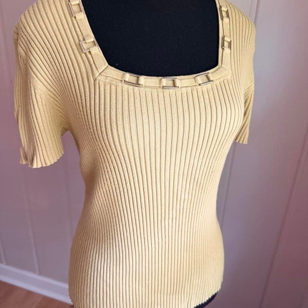 Y2K Requirements ribbed sweater top cream yellow square neck metal hardware
